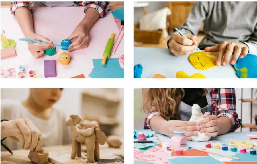 Manos de un estudiante moldeando figuras pequeñas de plastilina con un palillo y una herramienta de modelado.