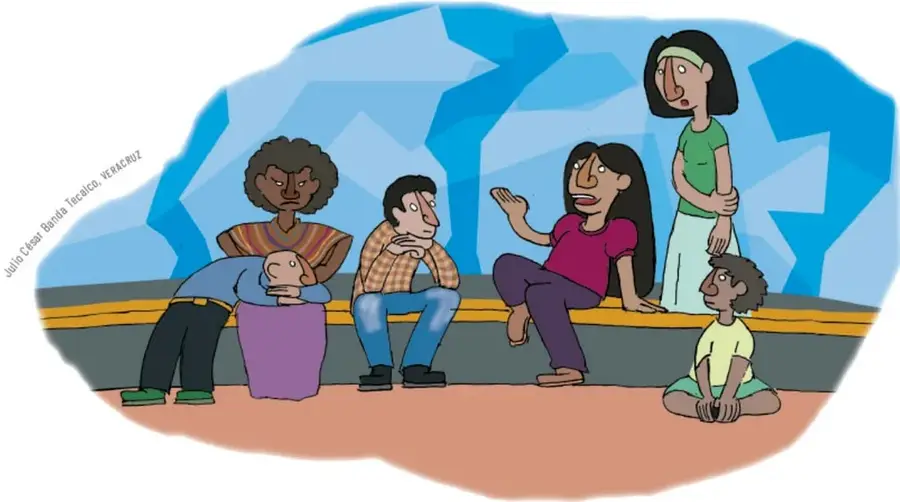 Ilustración de un grupo diverso de personas sentadas en círculo sobre un fondo azul, dialogando; una mujer de playera rosa habla con la mano levantada mientras las demás escuchan. Crédito: Julio César Banda Tecla, VERACRUZ.