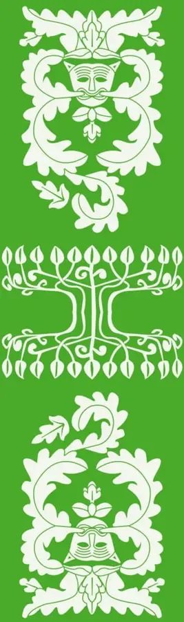 Tres ilustraciones decorativas blancas sobre fondo verde: una máscara folclórica con follaje, un árbol estilizado con raíces simétricas y otra máscara con follaje invertido.