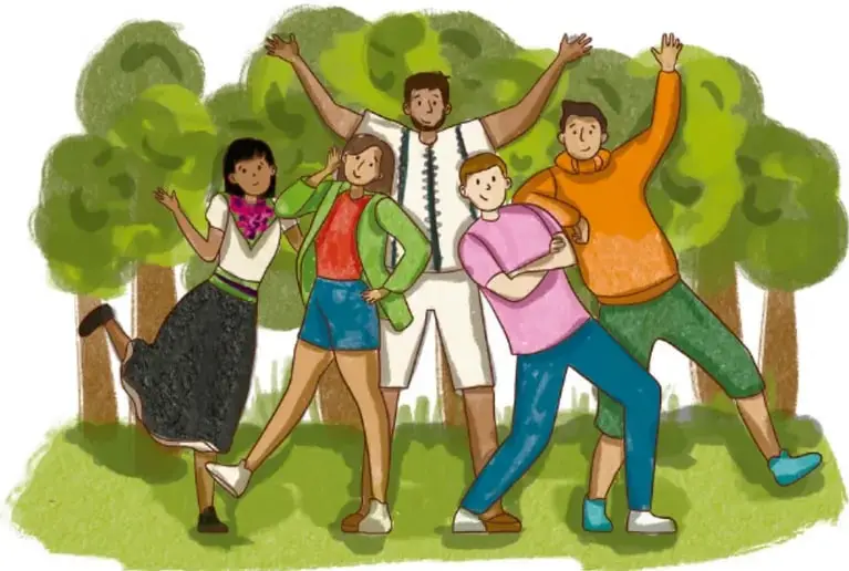 Ilustración de cinco adolescentes celebrando en un parque, con árboles al fondo; crédito a Gimenna Schiaffini Rosales, Puebla.