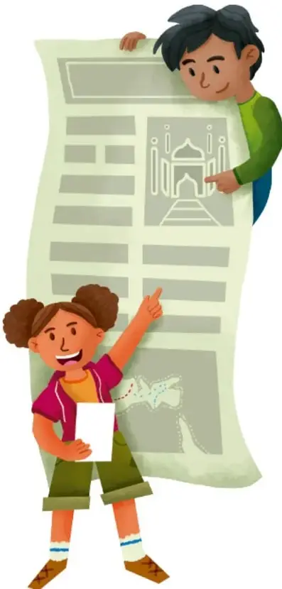 Ilustración de dos estudiantes (un niño y una niña) sosteniendo y señalando una crónica impresa con imágenes arquitectónicas y un mapa. Crédito: Luis Ángel Ortiz Sánchez, LITERAL.