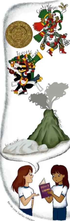 Ilustración con figuras de Quetzalcóatl y Tezcatlipoca, el calendario azteca, los volcanes Popocatépetl e Iztaccíhuatl, y dos niñas leyendo un libro titulado 'Mitos y Leyendas'.