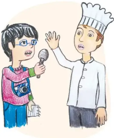 Niño reportero con cámara y micrófono entrevistando a un chef que levanta la mano. Crédito: Alberto Martínez Martínez, ESTADO DE MÉXICO.