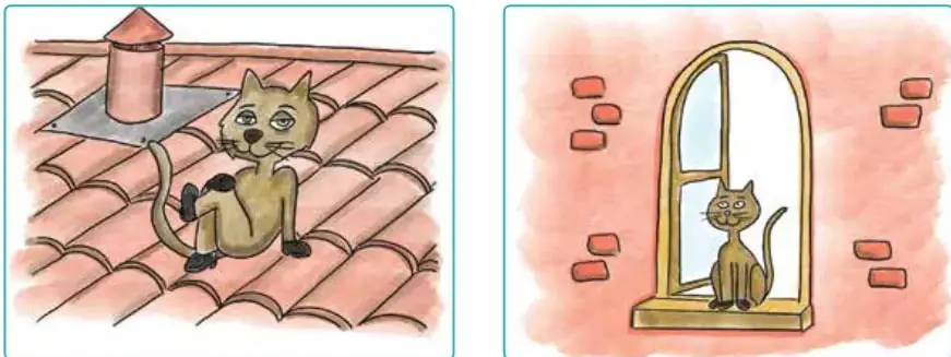 Don Gato sentado en un tejado de tejas, junto a una chimenea.