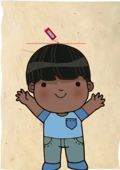 Ilustración de un niño recostado en un papel con una línea roja punteada que señala la marca de su estatura en la cabeza.