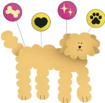 Ilustración de un perro peludo con globos con símbolos (hueso, corazón, estrella, huella), relacionada con el texto descriptivo.
