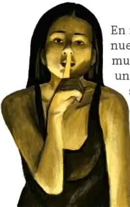 Ilustración de una joven con el dedo índice sobre los labios, símbolo de silencio, de Rodrigo Gael Martínez Zúñiga, Ciudad de México.