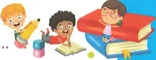 Ilustración decorativa de niños realizando actividades escolares.