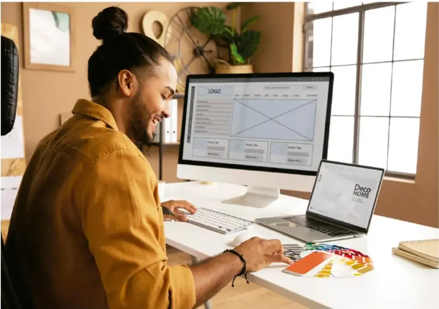 Fotografía de un diseñador trabajando frente a una computadora de escritorio y un portátil, con muestrarios de colores sobre el escritorio; en pantalla se observa un prototipo de página web con el rótulo LOGO y otro con Deco Home.