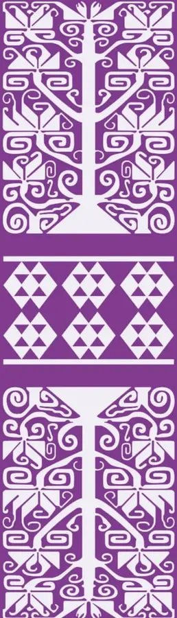 Ilustración decorativa con motivos geométricos y vegetales en blanco sobre fondo morado, estilo arte popular mexicano.
