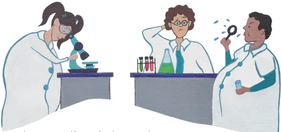 Pintura de tres científicos en bata blanca: una mujer mira por el microscopio, otra piensa junto a tubos de ensaye con líquidos de colores y un hombre sopló con un embudo o lupa; uno de ellos es redondo y gordo.