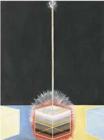 Obra abstracta con fondo negro, un cubo con rayos y colores suaves; titulada La paloma, núm. 2, 1915, de Hilma af Klint.
