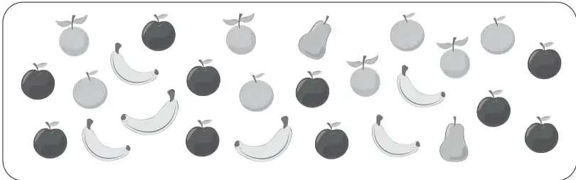 Conjunto de frutas: manzanas, plátanos, naranjas, peras y uvas distribuidas aleatoriamente.