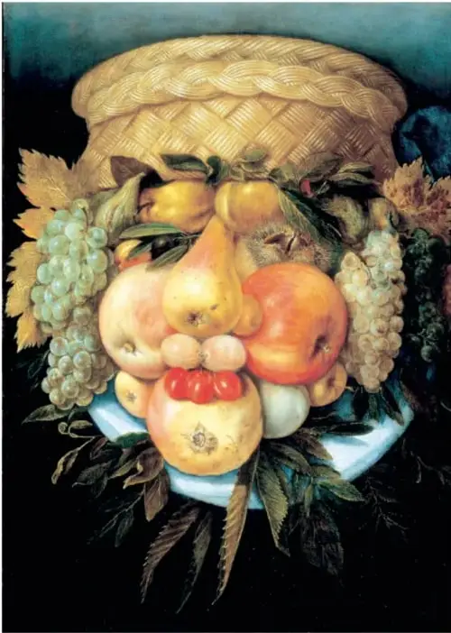 La misma obra volteada: 'Cabeza Reversible con Cesta de Frutas' (ca. 1590); las frutas forman un rostro humano sonriente.