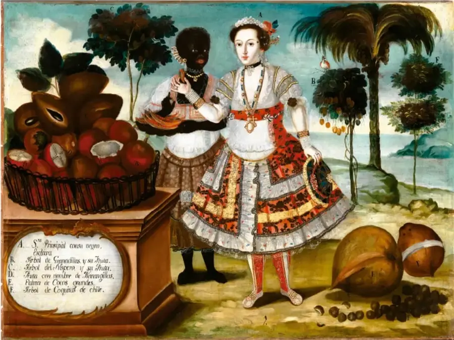 Pintura colonial: señora principal con atuendo de gala y una sirvienta negra junto a una canasta de frutas tropicales (mamey, guayaba, coco, plátano) y árboles, con cartela que rotula los elementos A–F.