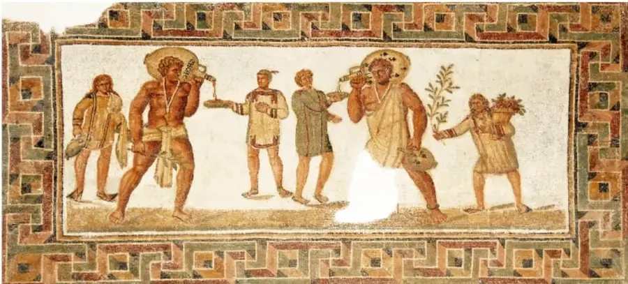 Mosaico romano que muestra a un grupo de personas, posiblemente en una escena de la vida cotidiana o ceremonial.