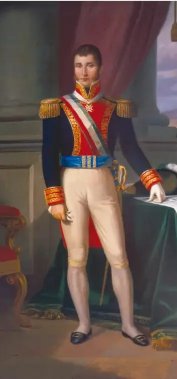 Retrato de Agustín de Iturbide con uniforme militar de gala, banda y condecoraciones.