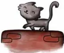 Ilustración de un gato gris parado sobre un muro de ladrillos.