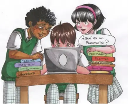 Ilustración de tres estudiantes de telesecundaria frente a un equipo de cómputo con libros y un cartel que pregunta "¿Qué es un Poemario?"; créditos: Glenn Ávila Mancera, MORELOS.