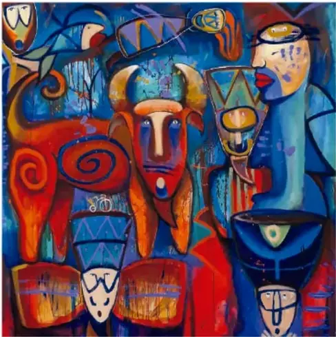 Pintura 'El torito la noche de la feria de San Lucas' (2020) de Jaime Lupercio: composición colorida y expresionista con toros con cuernos, figuras, tambores y banderas en rojos y azules.