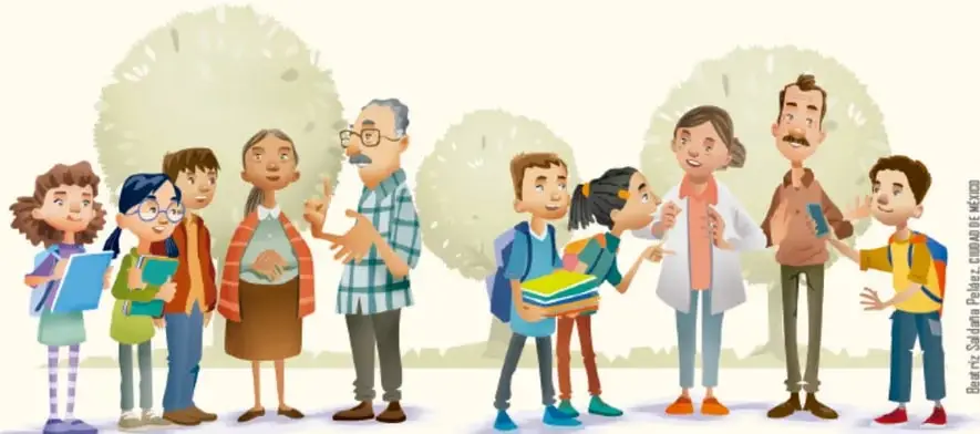 Ilustración de un grupo de estudiantes y adultos mayores conversando al aire libre, representando el diálogo intergeneracional para rescatar la lengua indígena.
