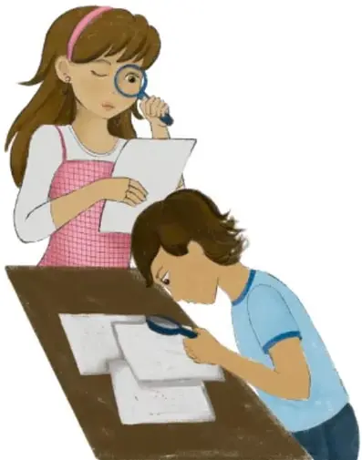 Ilustración de dos estudiantes revisando documentos con lupa; crédito: Marián Luna Cuellar, Veracruz.