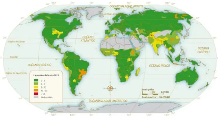 Mapa proyección ovalada del mundo que muestra la erosión del suelo en 2012 con escala de colores verde, amarillo, naranja y gris; incluye océanos, líneas de latitud y leyenda.