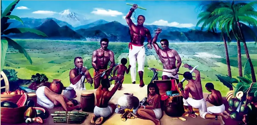 Pintura mural de Yanga: grupo de personas afrodescendientes en un paisaje tropical con montañas al fondo, algunas con machetes y armas, otras preparando comida junto a ollas de barro, cazuelas y frutas; un hombre al centro con machete en alto.