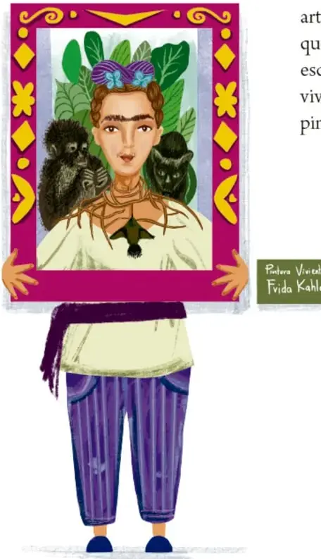 Ilustración de una persona sosteniendo un marco con la obra 'Autorretrato con monos' de Frida Kahlo.