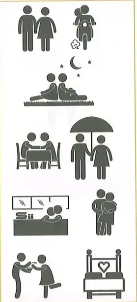 Collage de pictogramas relacionados con parejas, afecto, amor y sexualidad. El pie de imagen indica que el amor y la sexualidad necesitan ir de la mano.
