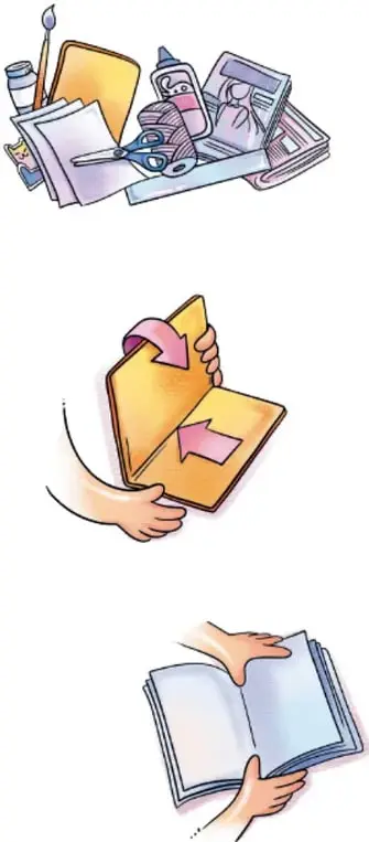 Ilustraciones de materiales de manualidades, un libro cartonero abierto y manos sosteniendo un libro abierto (crédito fotográfico: Levilla Llovera Santoval, INAXCO).