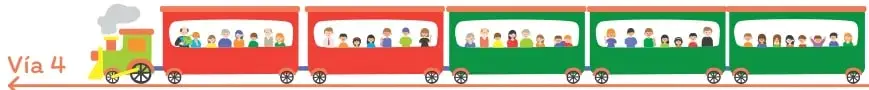 Tren con locomotora a la izquierda y cinco vagones con pasajeros a la derecha.