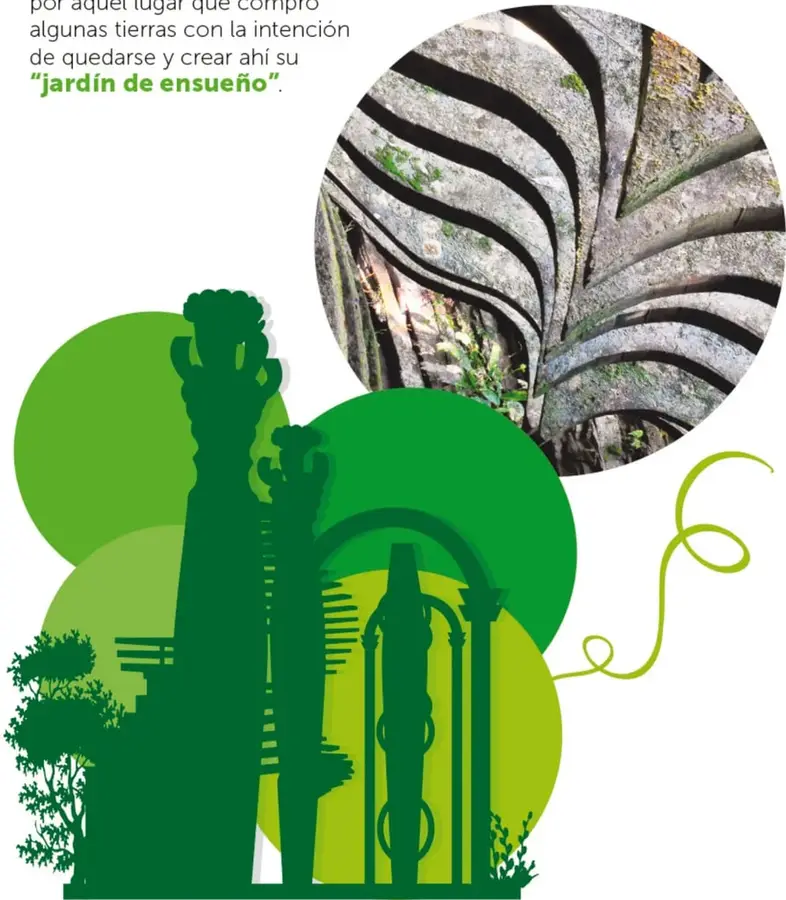 Fotografía circular de estructuras de concreto con formas orgánicas y curvas, cubiertas de musgo y vegetación, típicas de Las Pozas.