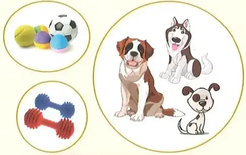 Se muestran conjuntos de pelotas, perros, dulces, mancuernas y casitas para comparar sus cantidades.