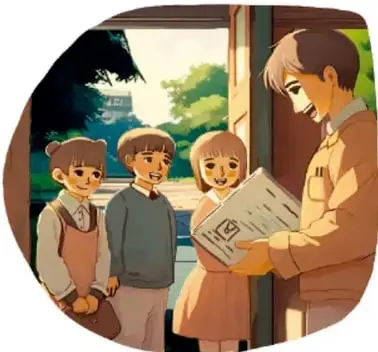 Ilustración de un docente mostrando un documento a tres estudiantes.