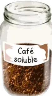 Fasco de vidrio con tapa etiquetado "Café soluble", que contiene gránulos marrones; representa uno de los recipientes con alimentos para oler.