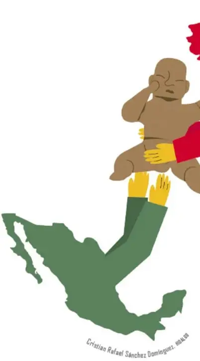 Ilustración de una figura humana de color marrón que sostiene un objeto, con una silueta roja de un mapa (posiblemente de un país) y una silueta verde de otro mapa (posiblemente México) en la parte inferior. La imagen alude al saqueo y traslado de piezas entre continentes.