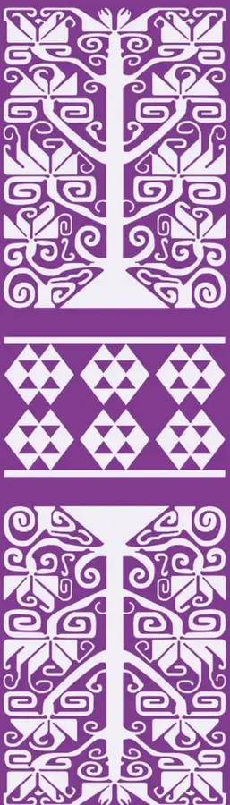 Ilustración decorativa de estilo prehispánico (greca mexica) en color morado con figuras geométricas simétricas y un árbol estilizado.