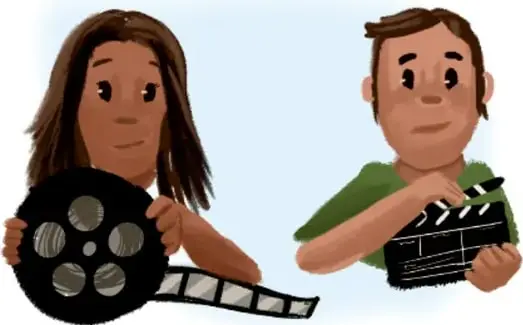 Dos estudiantes sosteniendo un rollo de película y una claqueta.