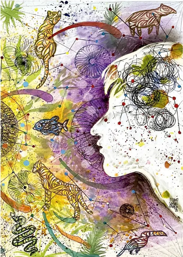 Ilustración de Octavio Sánchez Oropeza: perfil de un rostro humano en técnica de acuarela, rodeado de animales (lagartija, pecarí, pez, felino, serpiente) y formas orgánicas con salpicaduras de color y redes de puntos conectados.