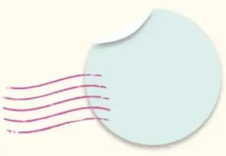 Círculo azul claro con esquina doblada y líneas curvas rosadas que sugieren un sobre o mensajes.