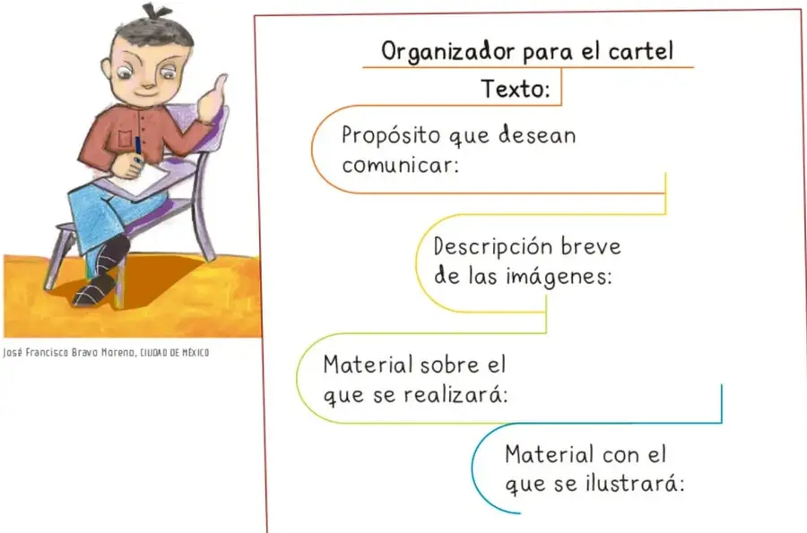Ilustración de un niño sentado en una silla escribiendo en un cuaderno, señalando con el dedo. Crédito: José Francisco Bravo Moreno, CIUDAD DE MÉXICO.