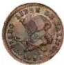Fotografía del anverso de una moneda de cobre de la República Mexicana, 1/8 Real, Jalisco, 1833, con ficha del Museo Numismático Nacional.