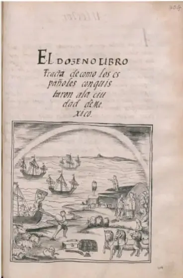 Página de un códice o libro antiguo titulado 'El dozeno libro' con texto manuscrito y una ilustración de barcos frente a la costa, relacionada con la llegada de los españoles.
