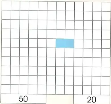 Dos pares de cuadrículas para representar las cantidades 40 y 60, y 50 y 20 mediante columnas coloreadas.