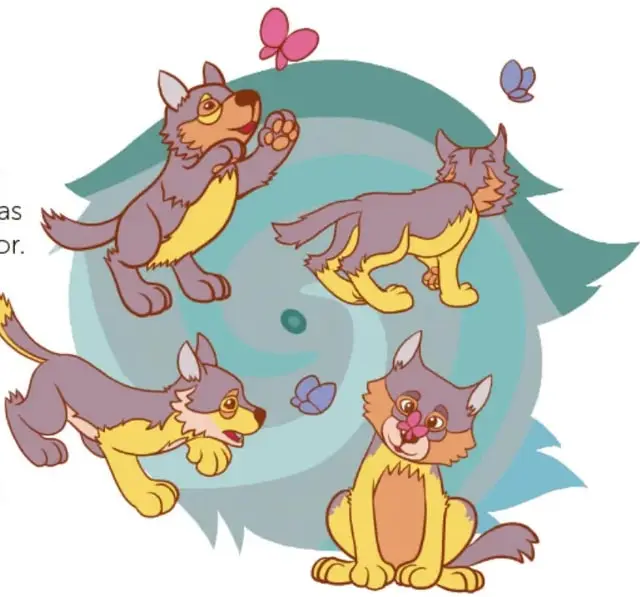 Ilustración de varios cachorros de lobo jugando con mariposas rosadas y azules.