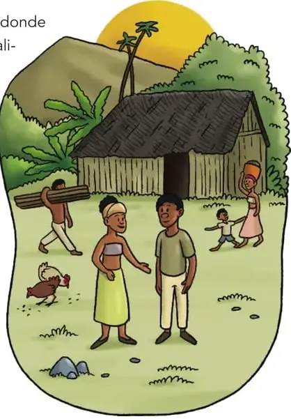 Ilustración de un palenque con empalizada y vegetación tropical.