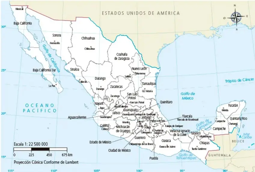 Mapa de la República Mexicana con división estatal, escala 1:22 500 000, proyección Cónica Conforme de Lambert; muestra océano Pacífico, golfo de California, golfo de México, mar Caribe, trópico de Cáncer y los países vecinos.