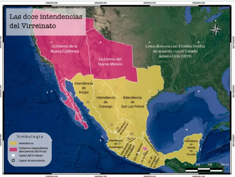Mapa histórico de las doce intendencias del Virreinato de la Nueva España, con simbología y línea divisoria con Estados Unidos (Tratado Adams-Onís, 1819).