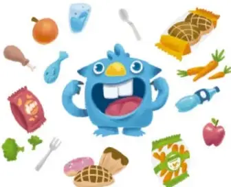 Ilustración de un monstruo azul rodeado de alimentos (manzana, zanahorias, galletas, botella, bolsa de plástico, tenedor) usada para la actividad de encerrar lo que comería el Monstruo sostenible. Crédito: Mayra Gisela Pedroza Díaz, Aguascalientes.